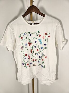 Talbots White Short Sleeve Tee with Multicolor Floral Embroidery